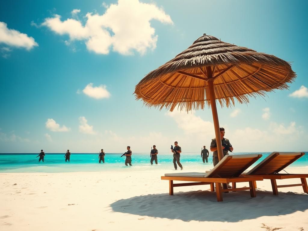 Flick International Tropical beach scene in Cancun with military personnel in the distance