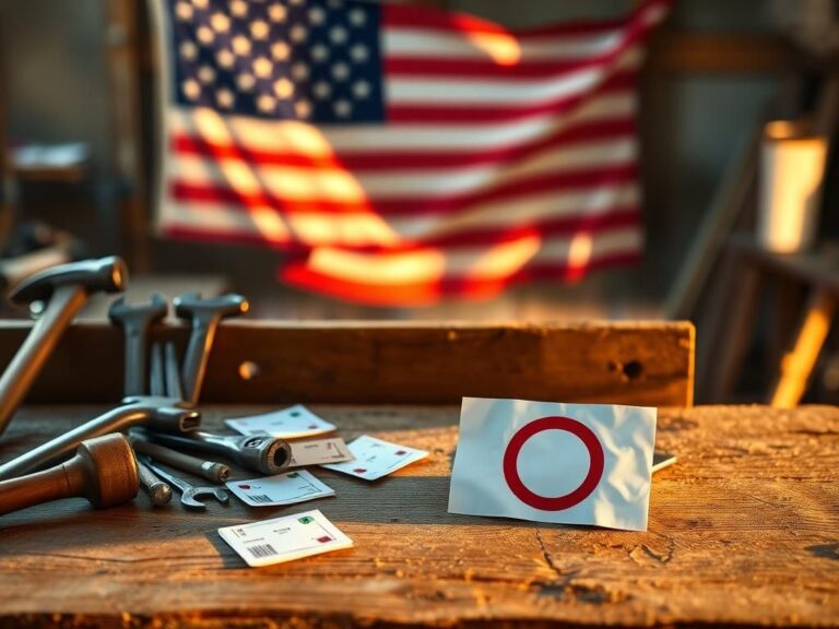 Flick International Rustic wooden workbench with tools and union cards, illuminated by morning light