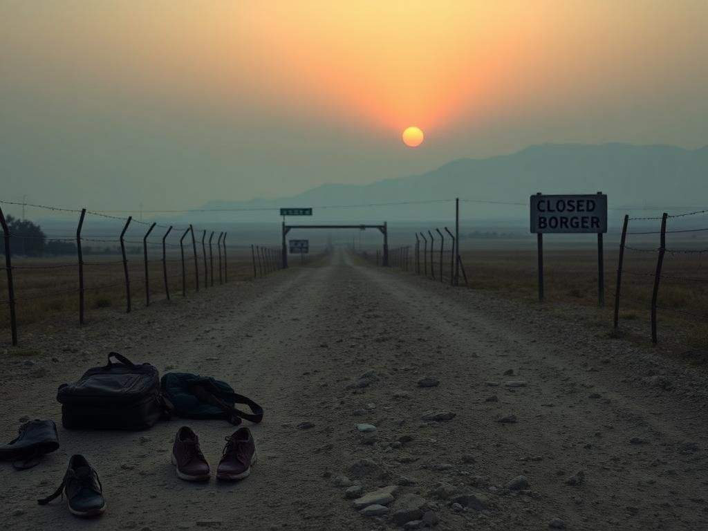Flick International A deserted and rugged path leading away from a border checkpoint, symbolizing lost hopes.