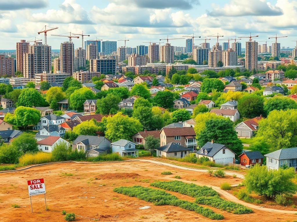 Flick International Urban landscape depicting diverse housing styles with vacant lot and construction cranes