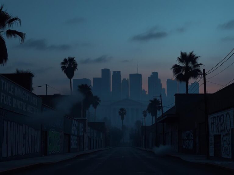 Flick International A somber urban landscape at dusk featuring a city skyline with silhouetted palm trees and empty streets covered in graffiti depicting immigration and justice slogans.