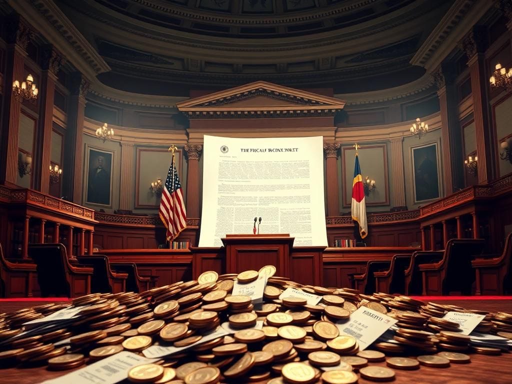 Flick International Empty congressional chamber with ornate architecture and American flags highlighting fiscal responsibility