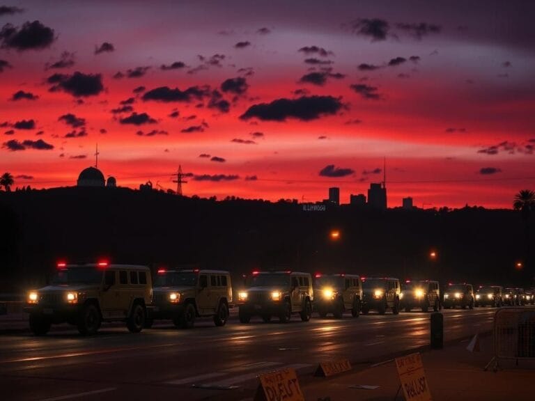 Flick International Silhouette of the Los Angeles skyline at dusk with National Guard vehicles parked along a city street