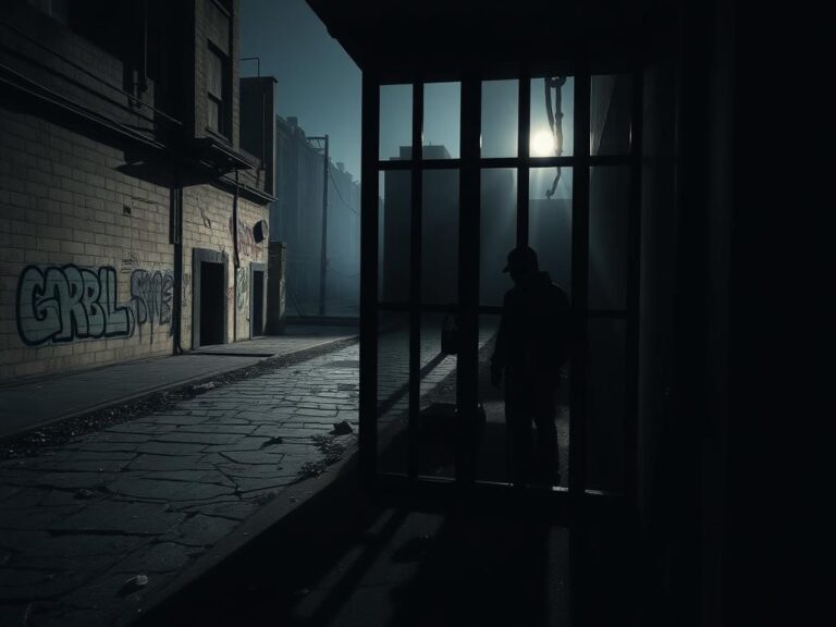 Flick International Dimly lit urban scene depicting a crumbling cityscape with a dark prison cell symbolizing incarceration
