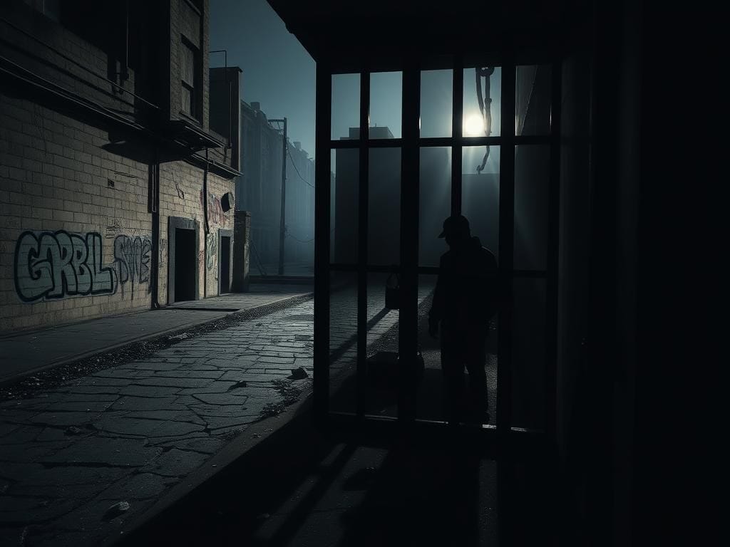 Flick International Dimly lit urban scene depicting a crumbling cityscape with a dark prison cell symbolizing incarceration