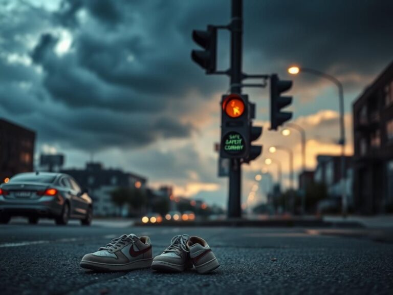 Flick International A desolate urban street scene at dusk with a shattered car window and worn shoes on the asphalt symbolizing loss