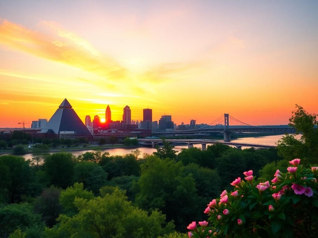 Flick International Serene sunset over Memphis showcasing skyline with Bass Pro Shops Pyramid and Hernando de Soto Bridge