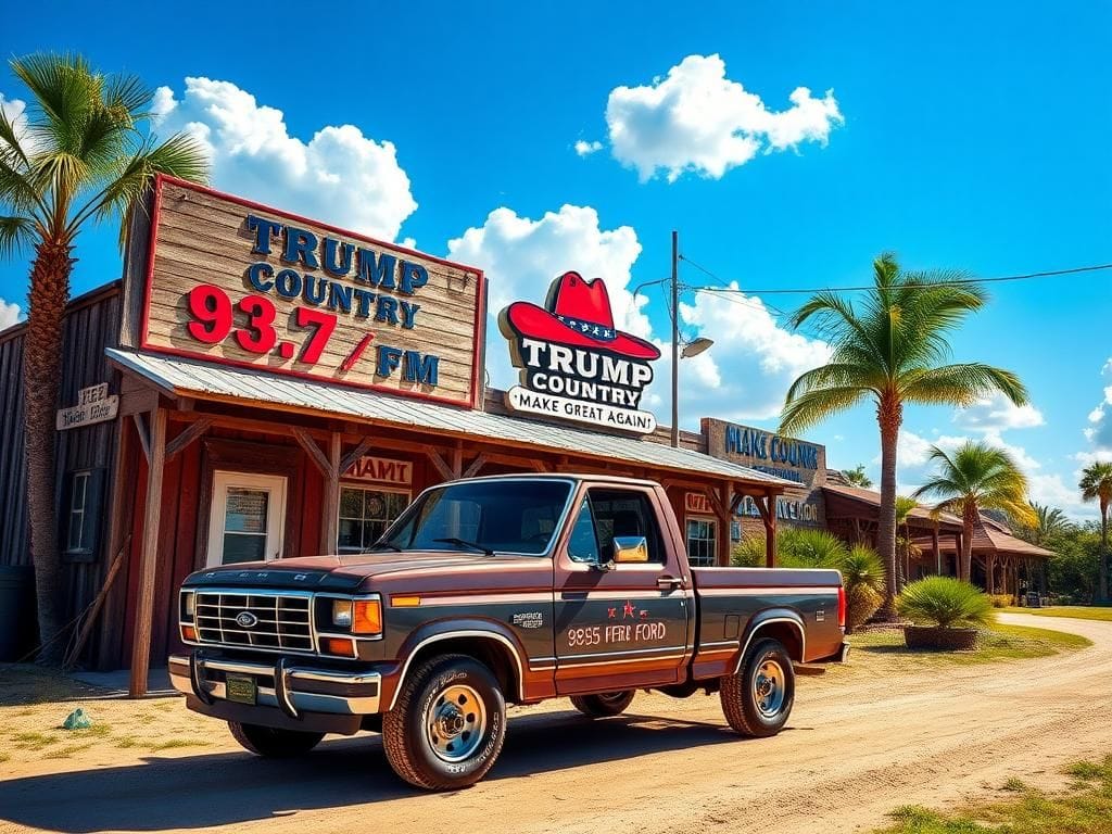 Flick International Rustic country radio station building with Trump Country 93.7 FM signage