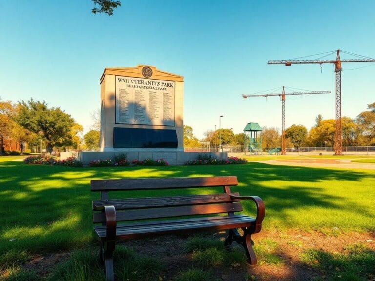 Flick International Historic WWII veterans' memorial surrounded by greenery and flowers in Memorial Park