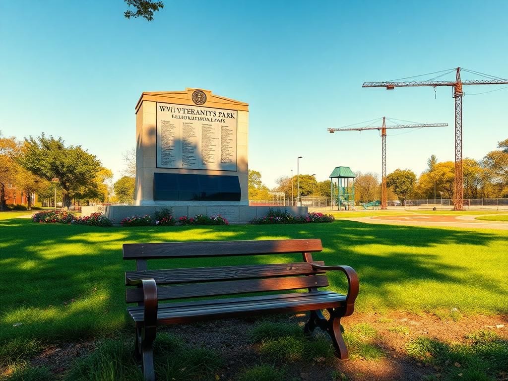 Flick International Historic WWII veterans' memorial surrounded by greenery and flowers in Memorial Park