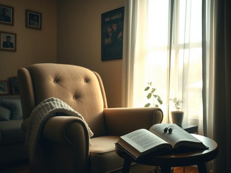 Flick International A softly lit living room featuring an empty armchair and personal touches.