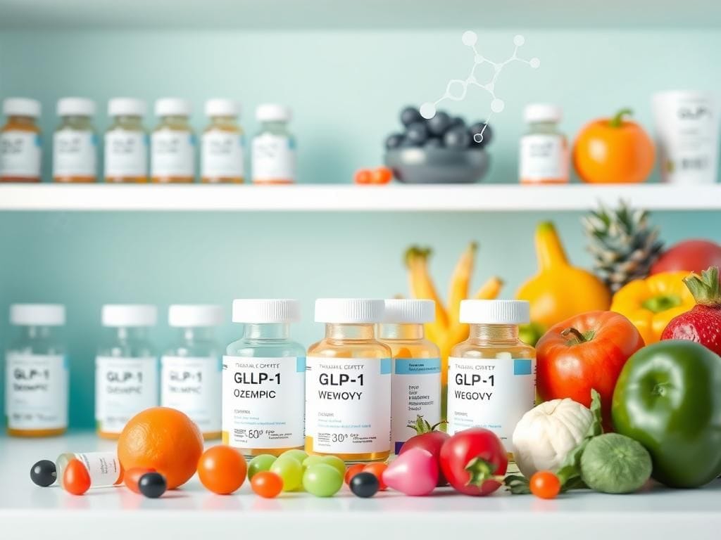 Flick International A tranquil pharmacy shelf displaying GLP-1 medication vials including Ozempic and Wegovy, surrounded by fresh fruits and vegetables.