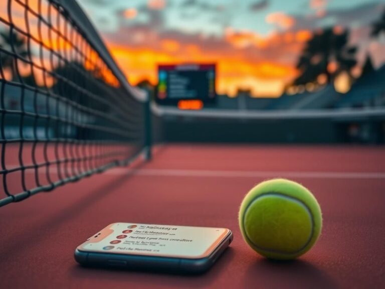 Flick International A tennis court at sunset with a tennis ball and a smartphone displaying messages about a date request.
