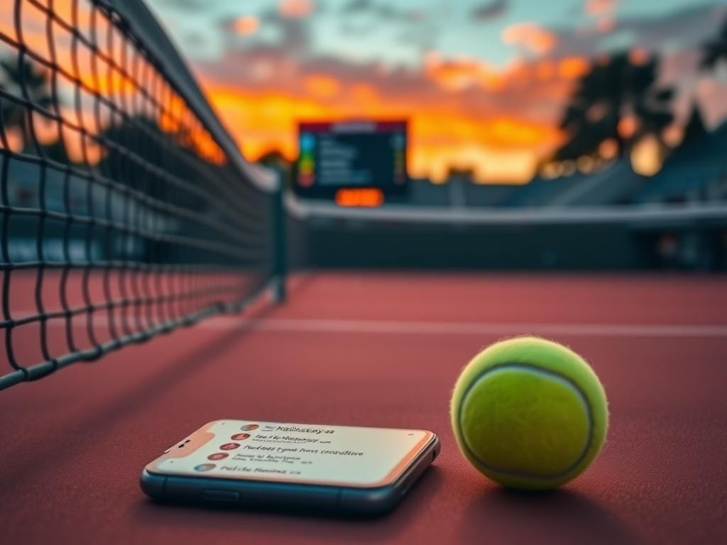 Flick International A tennis court at sunset with a tennis ball and a smartphone displaying messages about a date request.