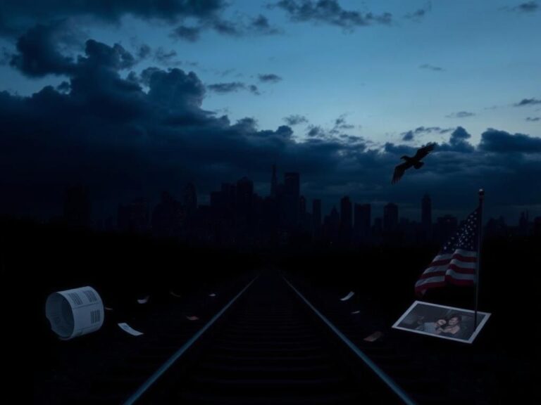 Flick International Somber city skyline at dusk with train track silhouette