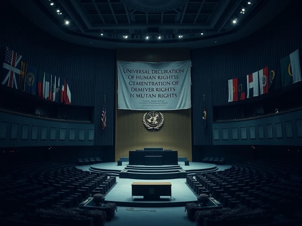 Flick International A somber and empty United Nations Assembly Hall showcasing its grandeur and neglect