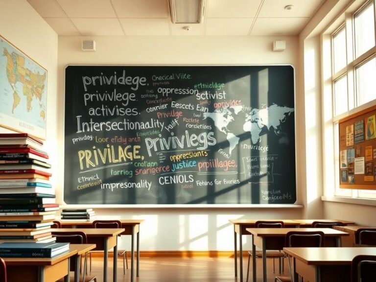 Flick International A classroom setting featuring a chalkboard filled with phrases like privilege, oppression, activism, and intersectionality