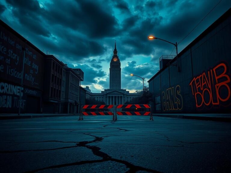 Flick International A deserted city street at dusk with ominous storm clouds, symbolizing unrest and crime.