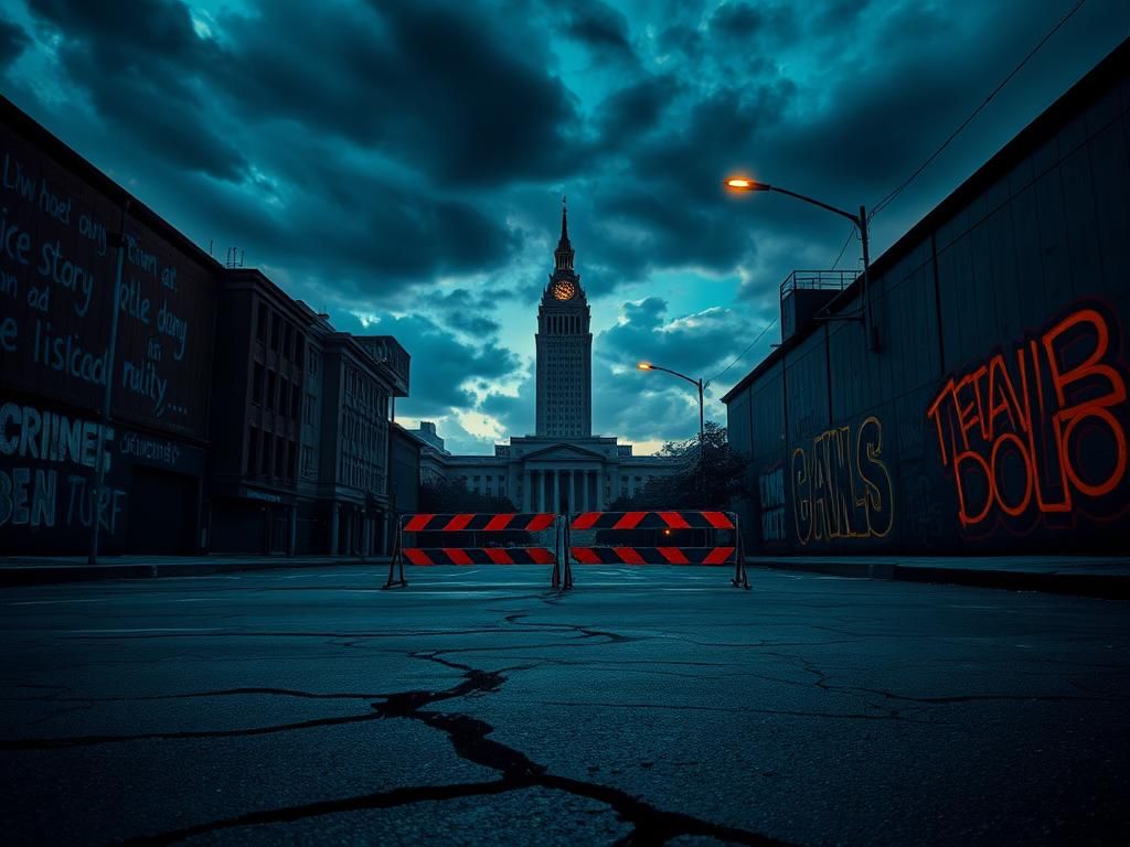 Flick International A deserted city street at dusk with ominous storm clouds, symbolizing unrest and crime.