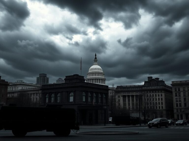 Flick International A dramatic urban landscape of Washington, D.C. depicting a police station under ominous clouds