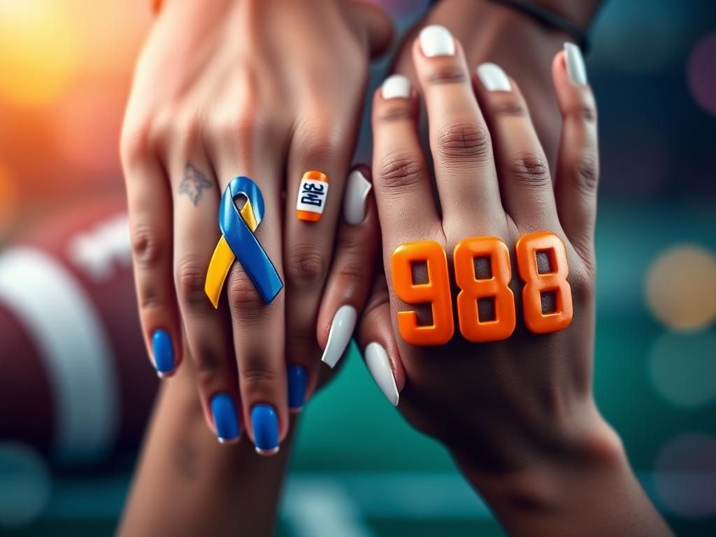 Flick International Close-up of hands with manicured nails featuring a blue and yellow suicide prevention ribbon design and the numbers '988'