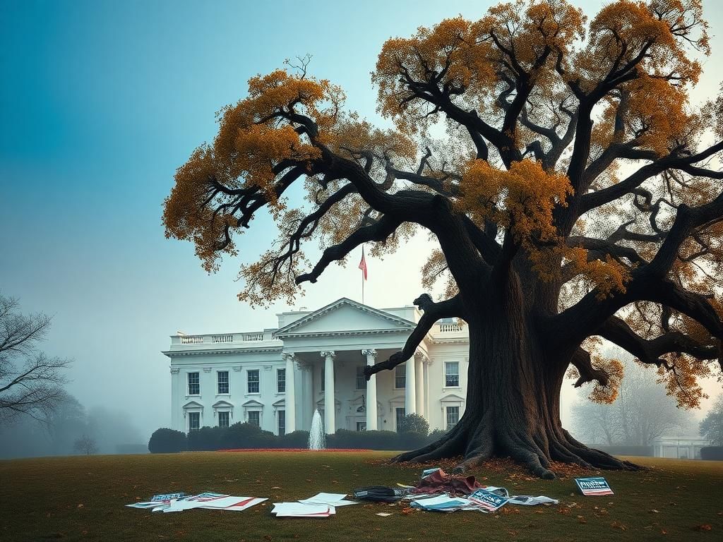 Flick International Artistic depiction of a weathered White House with an old oak tree symbolizing leadership and aging.