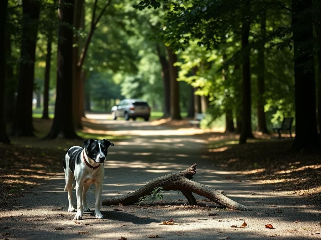 Flick International A serene wooded park in Auburn, Alabama with a black and white dog and a partially obscured Ford F-150 truck in the background