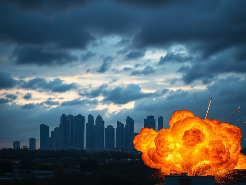 Flick International Dramatic cityscape of Doha at dusk with an explosion in the foreground