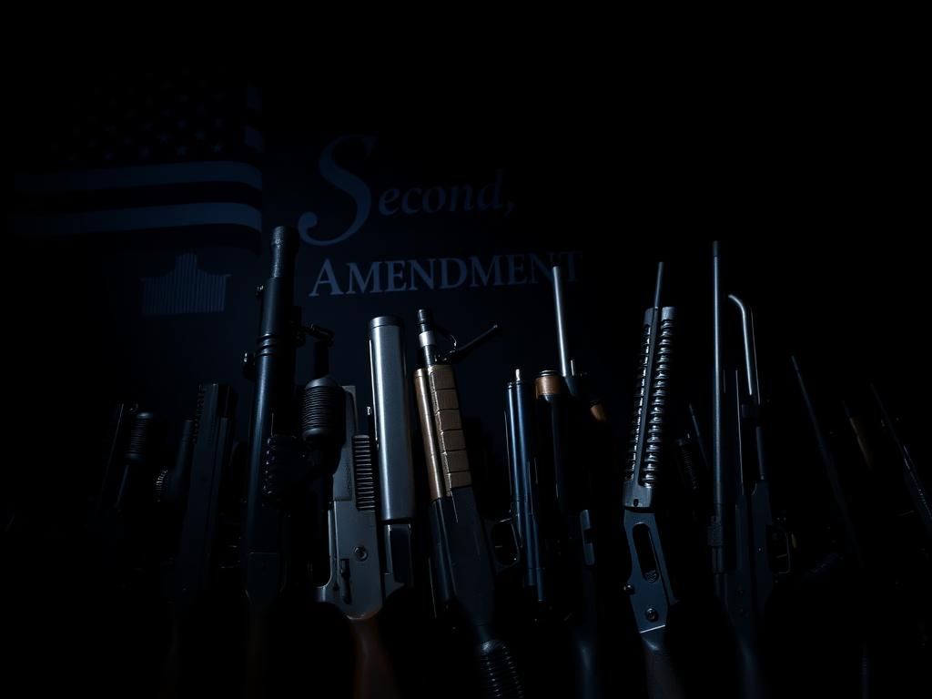 Flick International Close-up of diverse firearms displayed in a dimly lit setting, illustrating gun rights controversy.