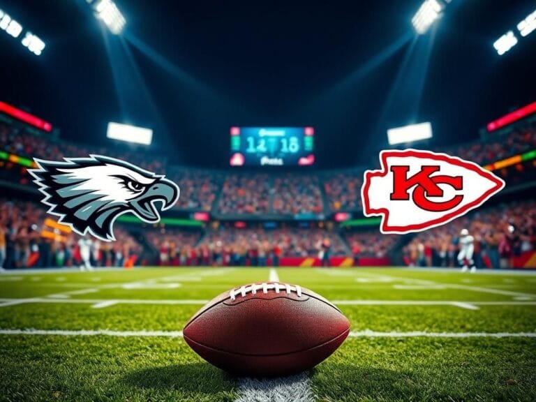 Flick International Dynamic football stadium scene during an NFL night game with Eagles and Chiefs logos