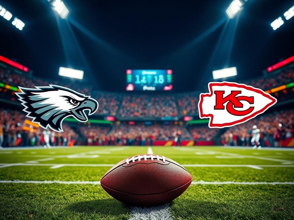 Flick International Dynamic football stadium scene during an NFL night game with Eagles and Chiefs logos