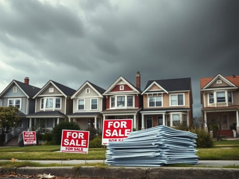 Flick International A dramatic urban landscape depicting houses with 'For Sale' signs, illustrating the housing affordability crisis