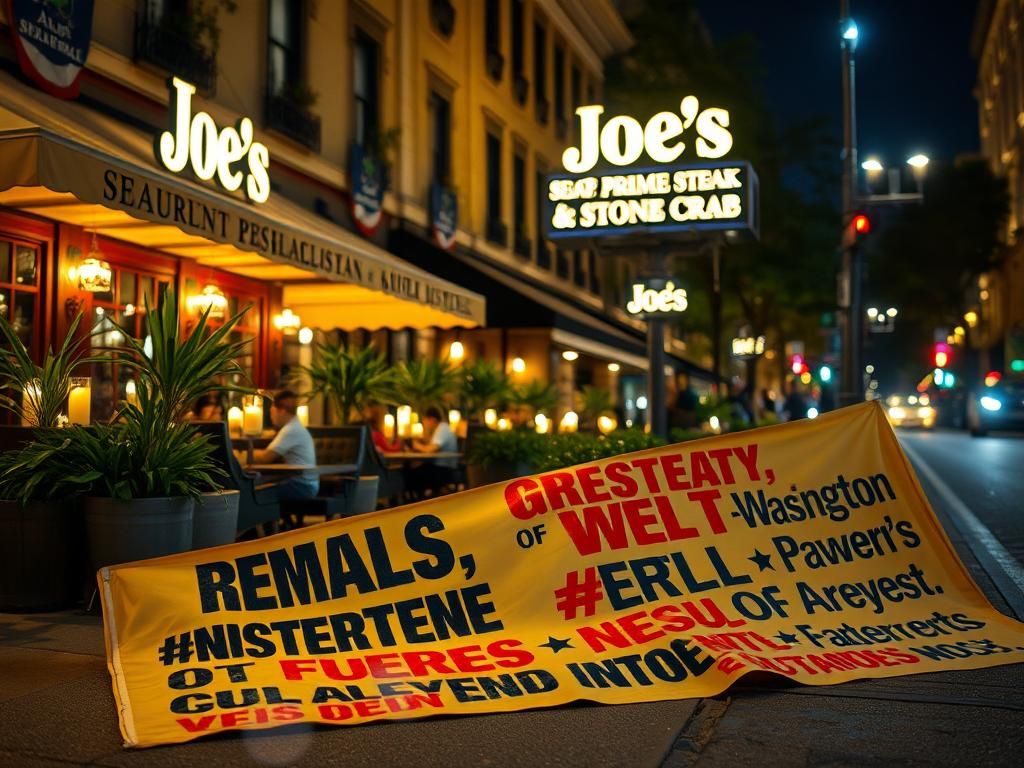 Flick International A bustling Washington, D.C. restaurant at night with vibrant outdoor seating and a protest banner in the foreground.