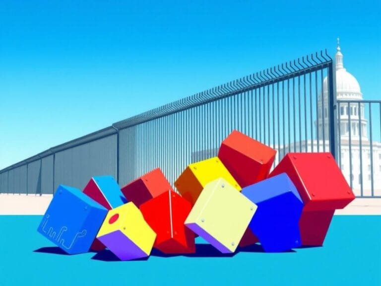 Flick International Conceptual depiction of a modern border security fence with abstract political ideologies represented by colorful blocks