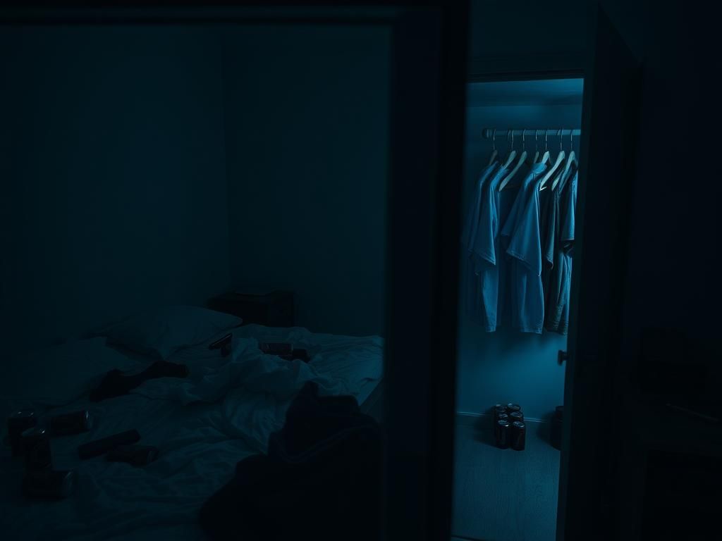 Flick International Dimly lit interior of a messy apartment belonging to Bryan Kohberger, reflecting an unsettling atmosphere