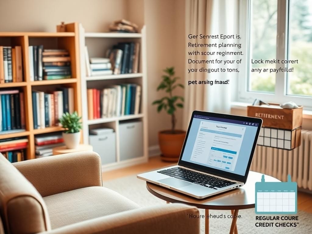 Flick International Serene living room scene depicting a cozy armchair with an open laptop showing a credit report, symbolizing financial security for seniors