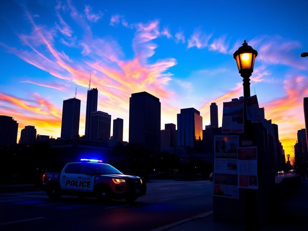 Flick International Police patrol vehicle with flashing lights in Chicago at dusk