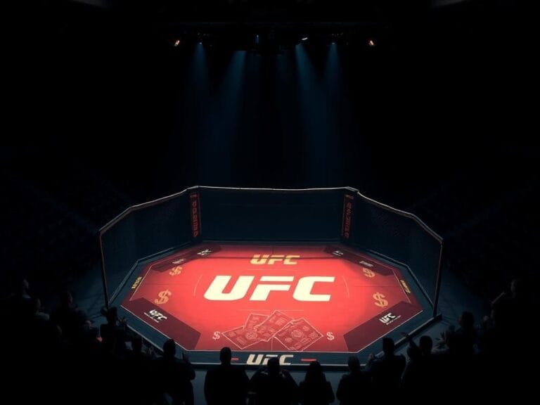 Flick International Dimly lit UFC octagon surrounded by an audience in shadows, symbolizing secrecy about fighter pay