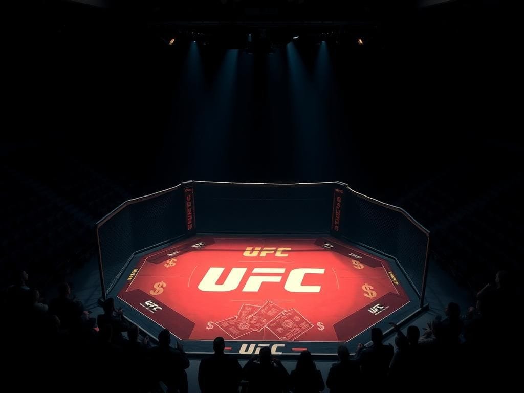 Flick International Dimly lit UFC octagon surrounded by an audience in shadows, symbolizing secrecy about fighter pay