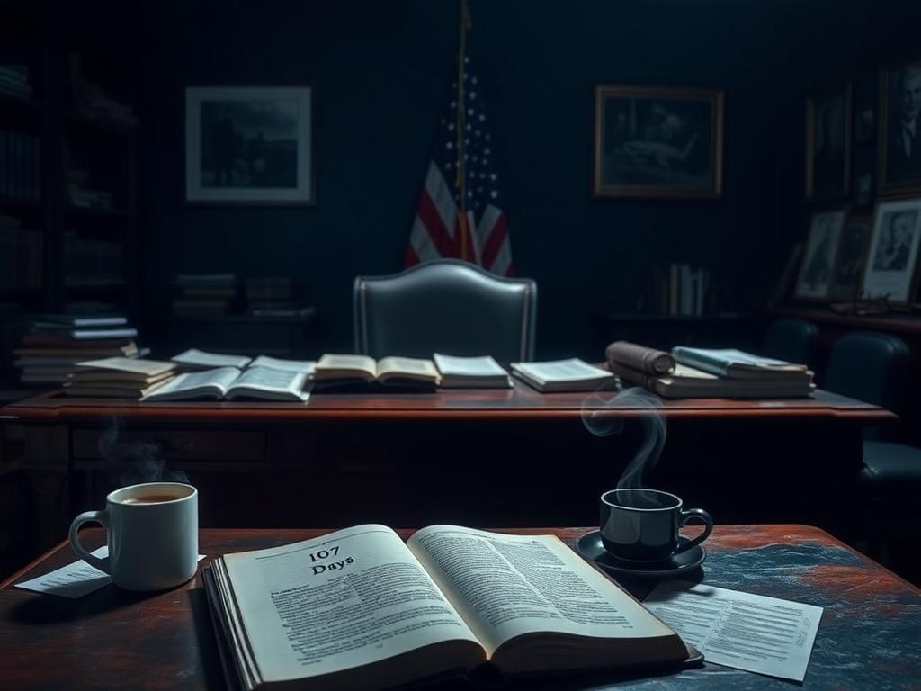 Flick International A contemplative study with a wooden desk, open book titled '107 Days', and an American flag in the background