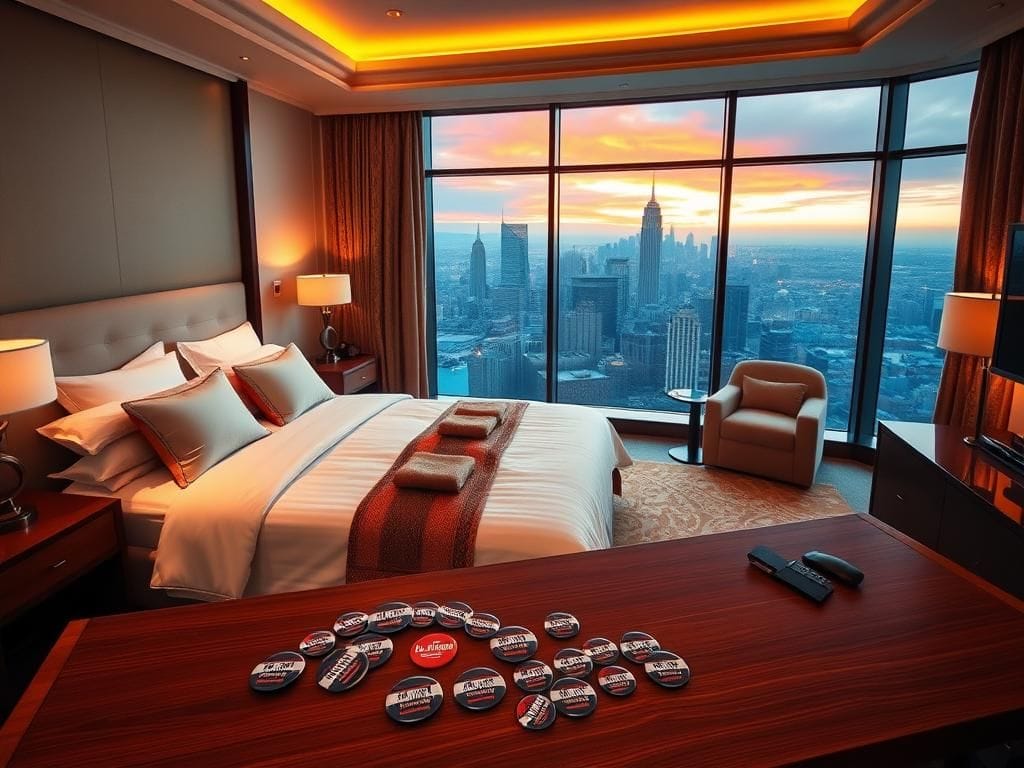 Flick International Luxurious hotel room featuring modern design and city skyline view