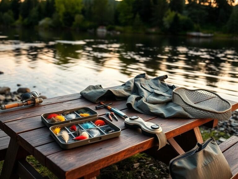 Flick International A serene riverside scene at dawn with fly fisher's gear including a fly rod, colorful flies, and a fishing vest on a wooden table.