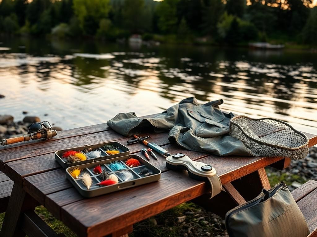Flick International A serene riverside scene at dawn with fly fisher's gear including a fly rod, colorful flies, and a fishing vest on a wooden table.
