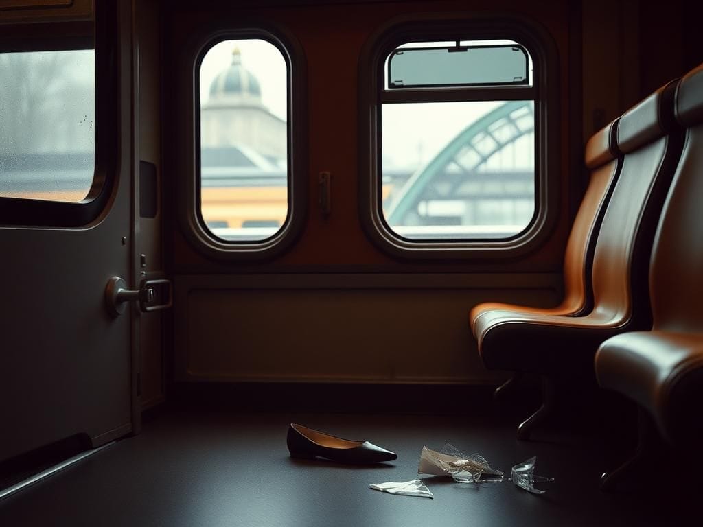Flick International Empty train seat with a high-heeled shoe on the floor in a mid-1960s London train interior