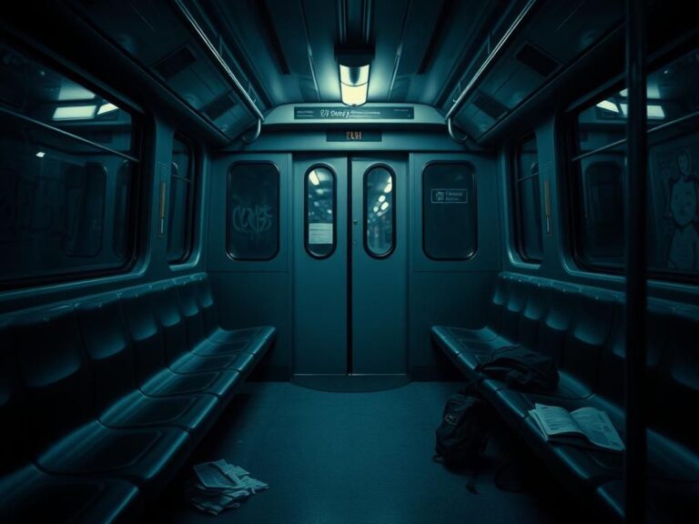 Flick International Empty subway train car at dusk with dim lighting and a hint of urban graffiti