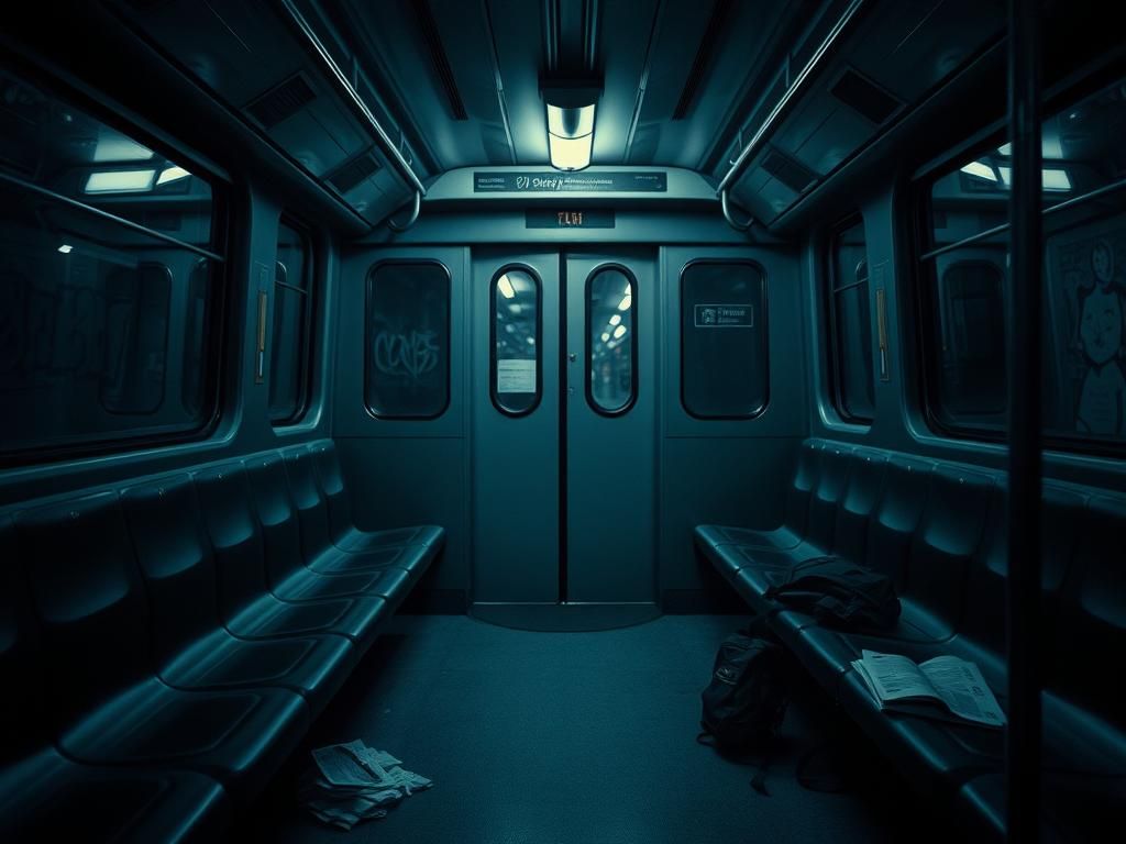 Flick International Empty subway train car at dusk with dim lighting and a hint of urban graffiti