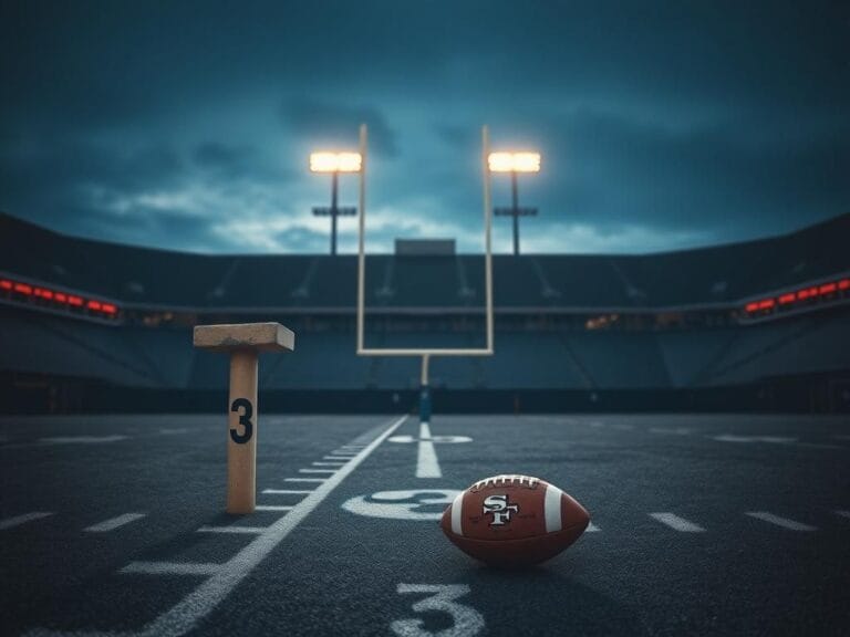 Flick International A deserted NFL stadium with a weathered football tee and an abandoned football on the ground after a game.