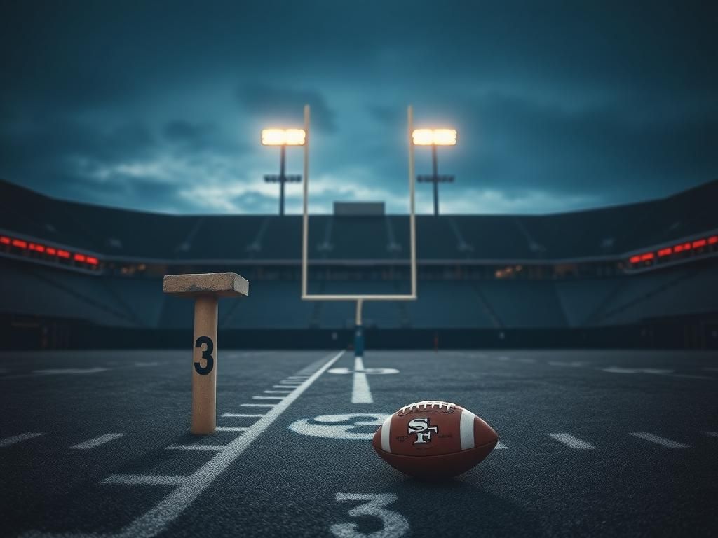 Flick International A deserted NFL stadium with a weathered football tee and an abandoned football on the ground after a game.