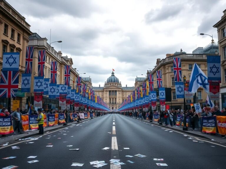 Flick International Large, empty street in London during an anti-antisemitism rally with colorful protest banners and flags