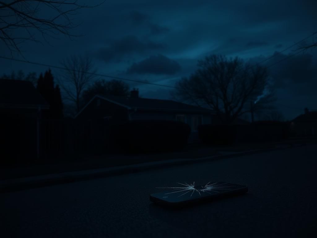 Flick International A dark suburban street at dusk with a modest home and an abandoned phone, symbolizing vulnerability